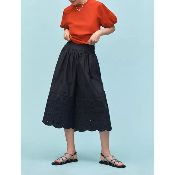 Maeve Embroidered Super Wide Leg Cropped Culottes Pants Black L - Picture 2 of 4